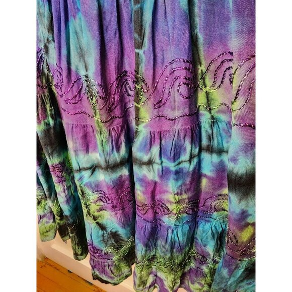 Advance Apparels Dress One Size Fits Most Smocked Waist Blue Purple Tie Dye Boho - Picture 3 of 6